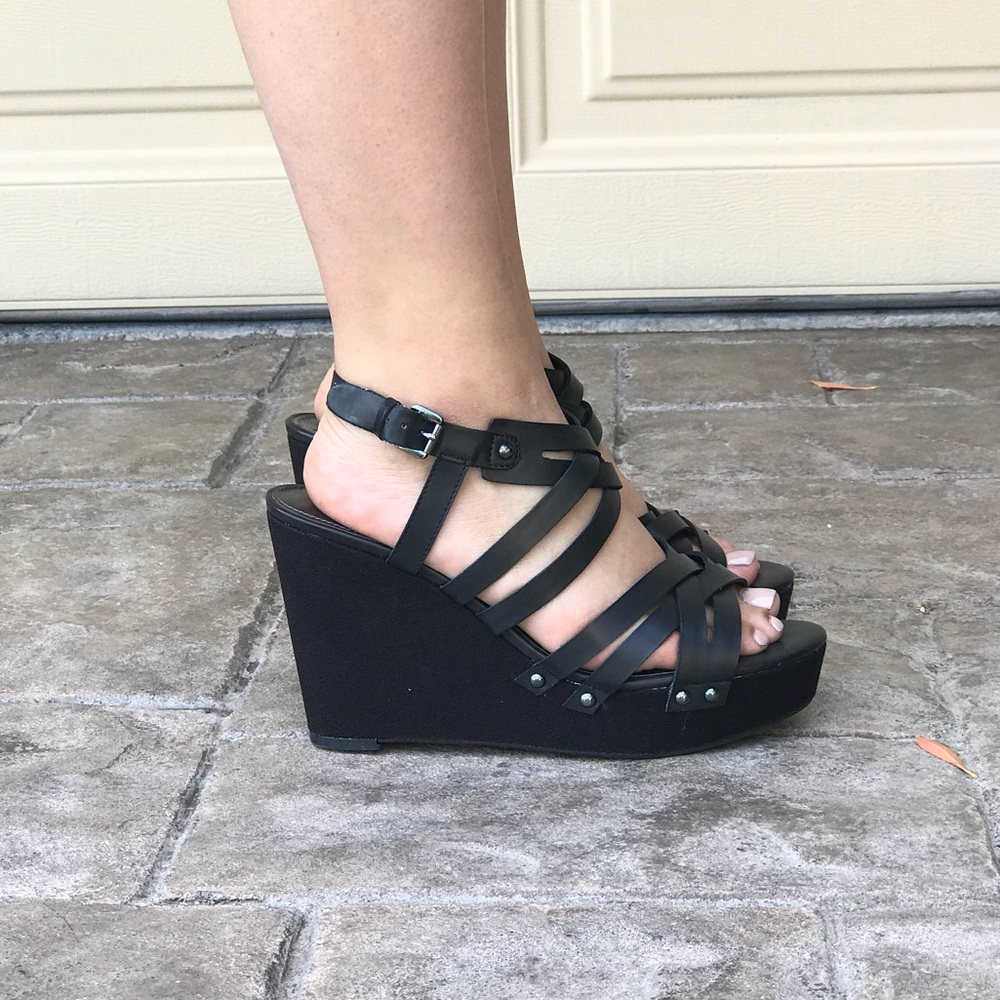 Black Studded Strappy Platform Wedge Sandal - Picture 1 of 6